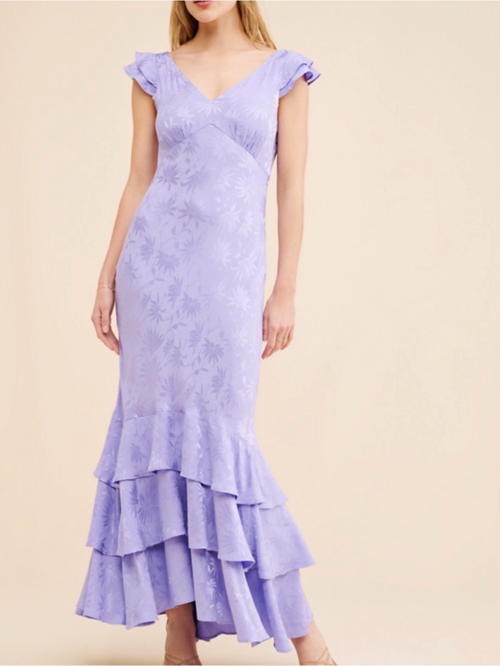 RIXO Ossy Ruffle Mermaid Floral Satin Lavender  Purple Dress Size Medium